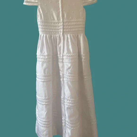 Wedding flower girl or Elegant White children’s  Dress with Bow.  Pearl accents - Picture 3 of 4